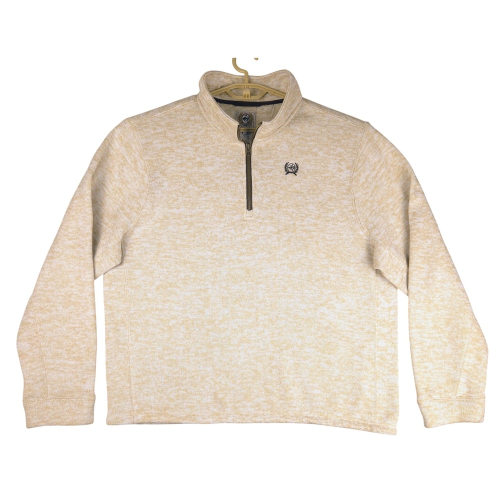 Cinch Mens XL Quarter Zip Pullover Sweater Tan White Marled Knit Logo MWK1080008